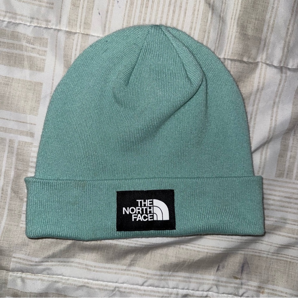 The North Face Mint Green Knit Beanie with Black Logo Tag